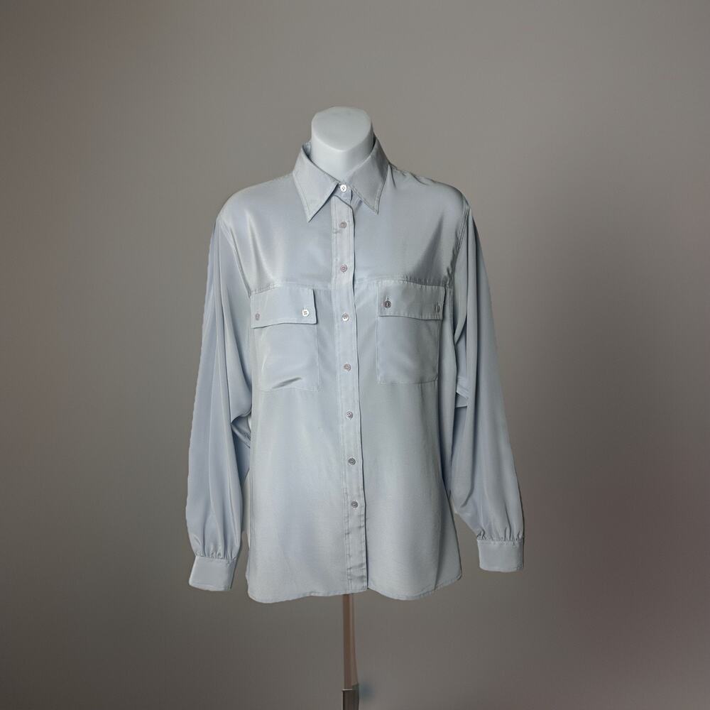 Liz Claiborne Light Blue Button Blouse Women Sz 8 Work Wear Career Shirt Vtg 80s